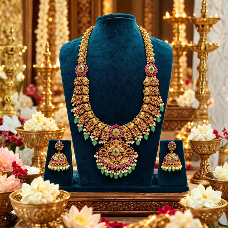 Ruby Emerald Peacock Necklace Set