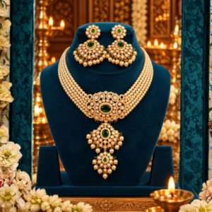 Kundan Pearl Choker Set With Green Emerald Set