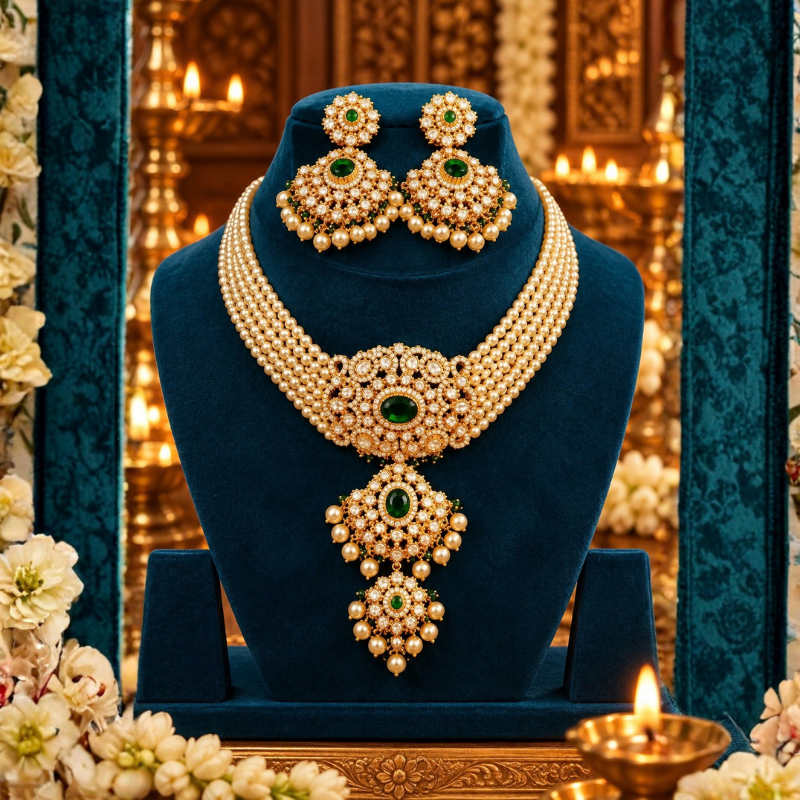 Kundan Pearl Choker Set With Green Emerald Set