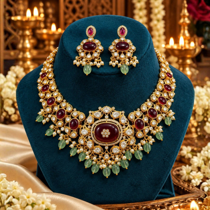 Ruby Green Stone Bridal Necklace Set