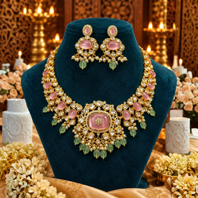 Pink Stone Pearl Necklace Set