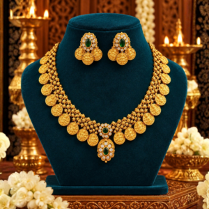 Classic Coin Motif Green Stone Necklace Set