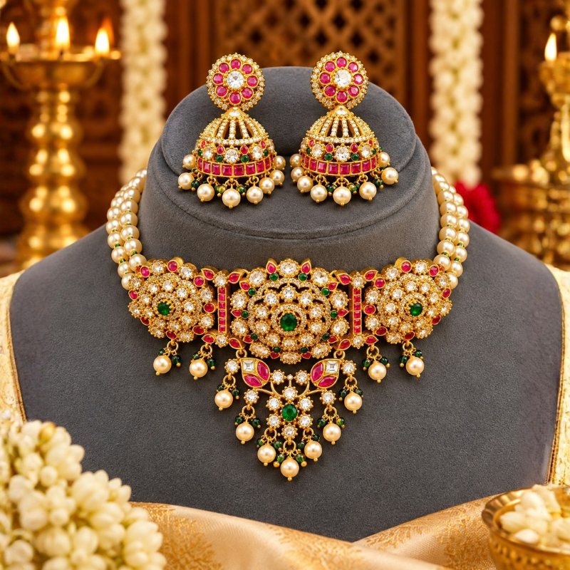 Ruby Emerald Bridal Choker Necklace Set