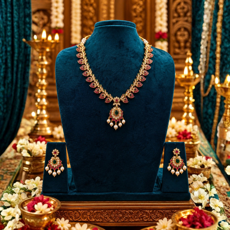 Ruby & Emerald Pearl Necklace Set