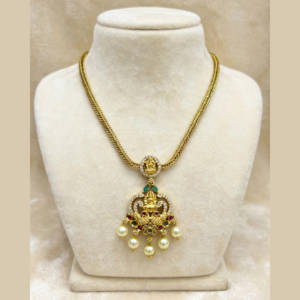 Gold-Plated Braided Chain with Lakshmi Devi Pendant, CZ Border, Green & Pink Stones & 5 Pearl Drops
