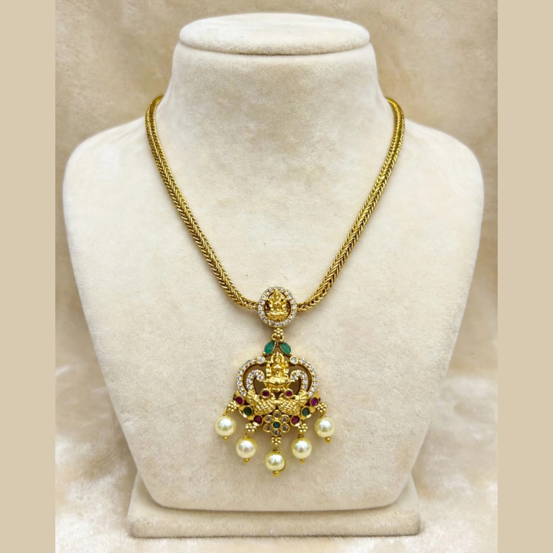 Gold-Plated Braided Chain with Lakshmi Devi Pendant, CZ Border, Green & Pink Stones & 5 Pearl Drops