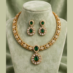 Gold-Plated Emerald Green Hasli Necklace Set with White CZ Floral Panels & Teardrop Pendant - With Matching Earrings
