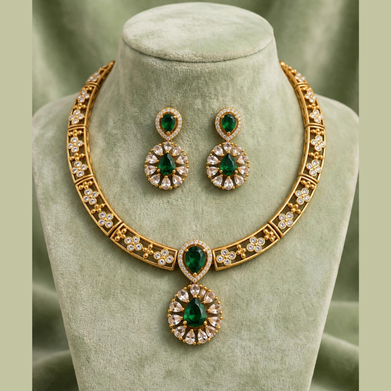 Gold-Plated Emerald Green Hasli Necklace Set with White CZ Floral Panels & Teardrop Pendant - With Matching Earrings