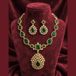 Gold-Plated Emerald Green Teardrop Necklace Set with Square Centre & CZ Pave Pendant - With Matching Earrings