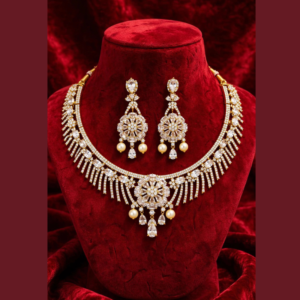 Gold-Plated White CZ Fringe Hasli Necklace Set with Floral Centre Pendant, Pearl & Teardrop Drops - With Matching Earrings