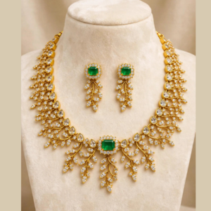 Gold-Plated Emerald Green Leaf Vine Necklace Set with White CZ & Square Centre Pendant - With Matching Leaf Earrings
