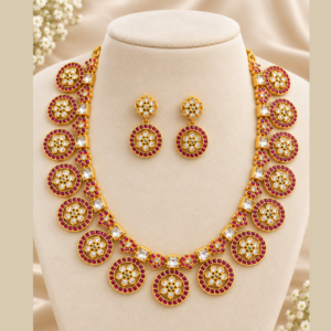 Traditional Gold-Plated Ruby and White Stone Necklace Set with Matching Earrings