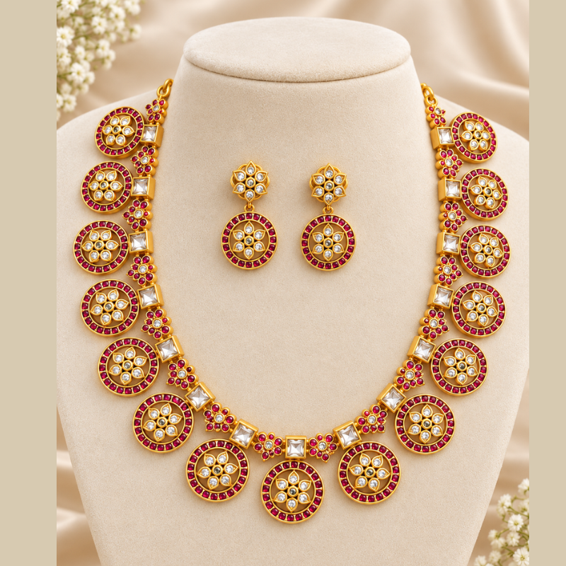 Traditional Gold-Plated Ruby and White Stone Necklace Set with Matching Earrings