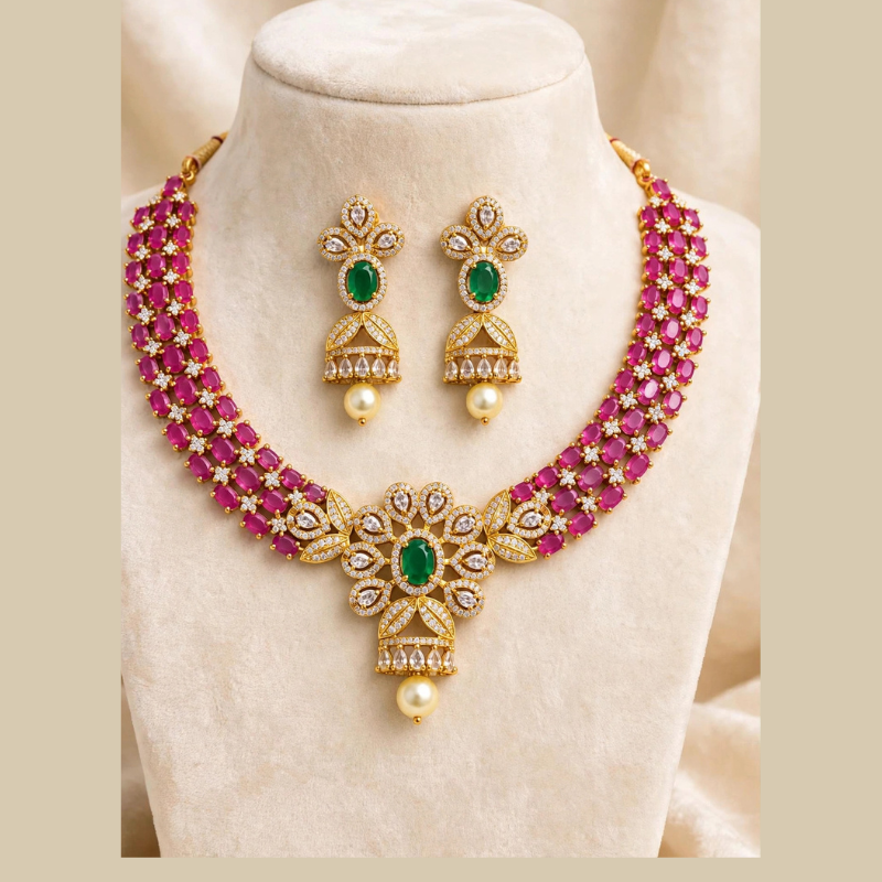 Gold-Plated Ruby Pink Oval Stone Choker Necklace Set with Emerald Green Centre, White CZ Floral Work & Pearl Drops - With Matching Jhumka Earrings