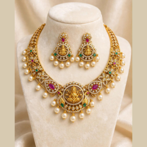 Gold-Plated Lakshmi Devi Filigree Choker Necklace Set with Ruby Pink, Emerald Green, White CZ & Pearl Drops - With Matching Lakshmi Earrings