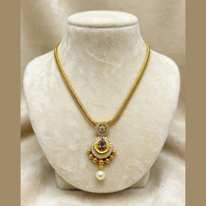 Gold-Plated Braided Chain with Round CZ Pendant, Green & Ruby Stones, Gold Beads & Pearl Drop