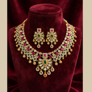 Gold-Plated Uncut Polki Choker Necklace Set with Ruby Pink Square Stones, Emerald Green Centre, White CZ & Gold Drops - With Matching Earrings