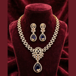 Gold-Plated White CZ Oval Leaf Necklace Set with Navy Blue Teardrop Pendant & Matching Earrings