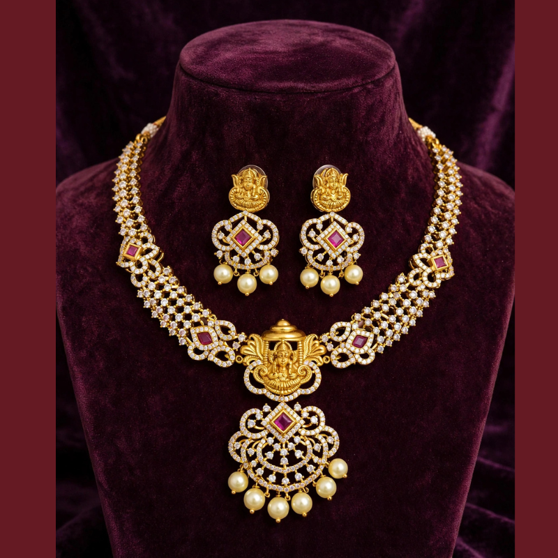 Gold-Plated Lakshmi Devi CZ Mesh Necklace Set with Ruby Pink Square Stones & Pearl Drops - With Matching Lakshmi Earrings