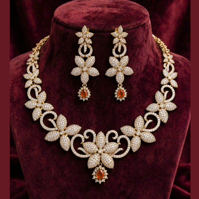 Gold-Plated White CZ Floral Vine Necklace Set with Ruby Pink Teardrop Pendant & Matching Earrings