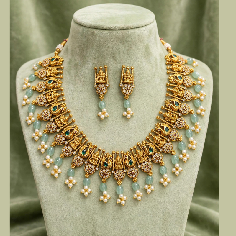 Gold-Plated Temple Lakshmi Devi Necklace Set with Peacock, Emerald Green, Mint Beads & Pearl Drops - With Matching Lakshmi Earrings