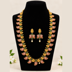 Traditional Gold-Tone Peacock Design Necklace Set with Green and Pink Stones
