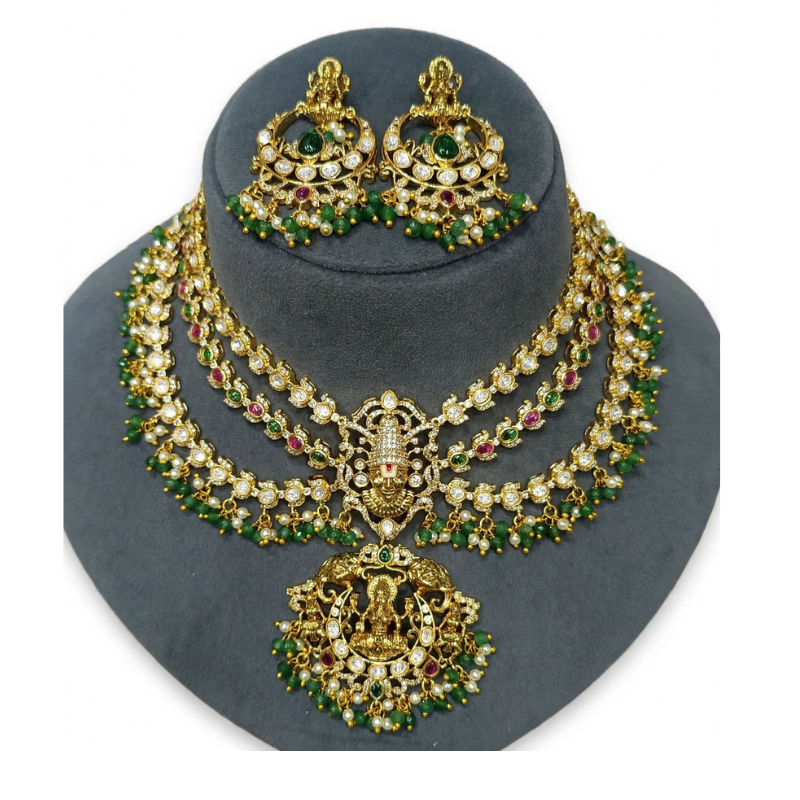 Gold-Plated Emerald Green Kundan 2-Layer Choker Necklace Set with Pearl Drops - With Matching Jhumka Earrings - Image 2
