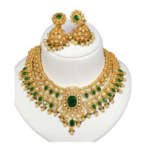Gold-Plated Emerald Green Kundan 2-Layer Choker Necklace Set with Pearl Drops - With Matching Jhumka Earrings