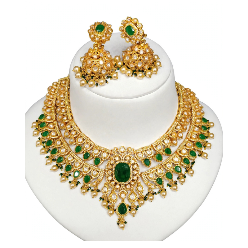 Gold-Plated Emerald Green Kundan 2-Layer Choker Necklace Set with Pearl Drops - With Matching Jhumka Earrings
