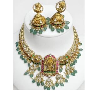 Gold-Plated Lakshmi Temple Choker Necklace Set with Elephant Motifs, Ruby Pink, Emerald Green, Kundan, Pearls & Mint Green Bead Drops - With Matching Lakshmi Jhumka Earrings