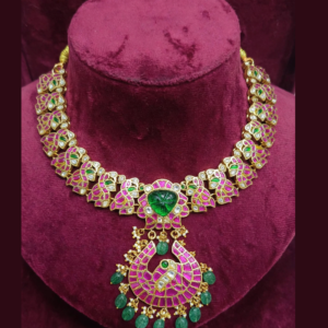 Gold-Plated Pink Kundan Peacock Choker Necklace with Emerald Green Centre Stone, White Kundan & Green Bead Drops