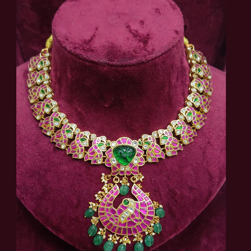 Gold-Plated Pink Kundan Peacock Choker Necklace with Emerald Green Centre Stone, White Kundan & Green Bead Drops