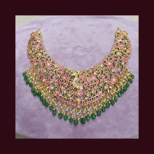 Gold-Plated Pink Kundan Floral Filigree Broad Choker Necklace with White Kundan, Emerald Green Accents, Pearls & Green Bead Drops