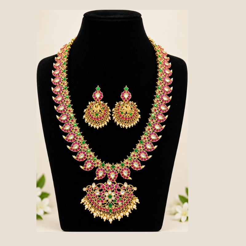 Traditional Gold-Tone Bridal Necklace Set with Pink and Green Stones and Jhumka Earrings