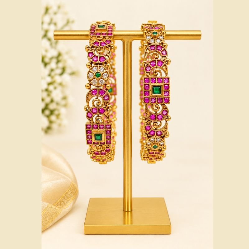 Traditional Gold-Plated Ruby and Emerald Stone Designer Bangles