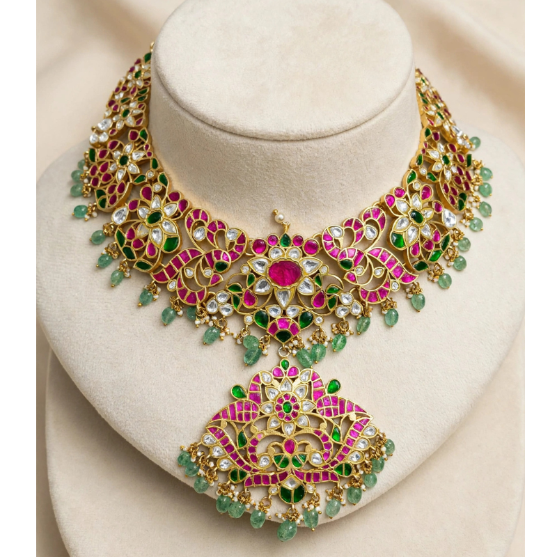 Luxury Gold-Plated Pink & Green Kundan Choker Necklace with White Polki, Floral Filigree & Emerald Bead Drops with Grand Pendant