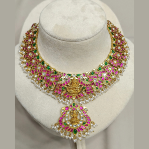 Gold-Plated Pink Kundan Lakshmi Devi Choker Necklace with White Kundan, Emerald Green Stones & Pearl Drops with Lakshmi Pendant