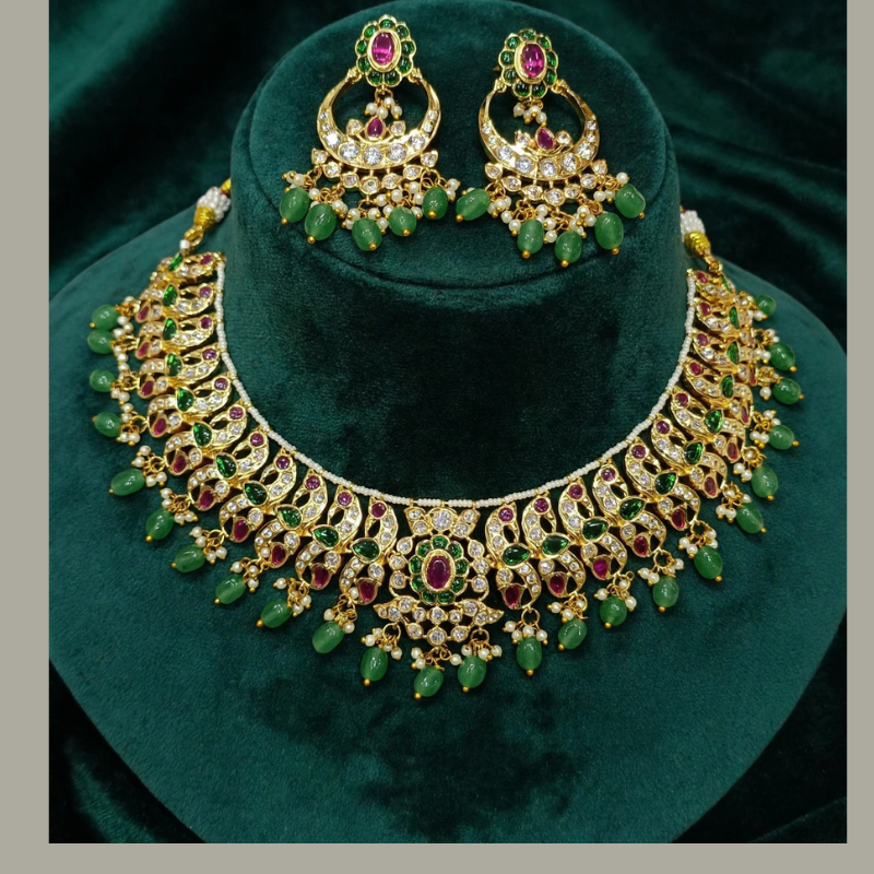 Gold-Plated White Kundan Paisley Choker Necklace Set with Emerald Green & Ruby Pink Stones, Pearl Line & Green Bead Drops - With Matching Chandbali Earrings