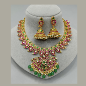 Gold-Plated Ruby Pink Kundan Mango Paisley Necklace Set with White Kundan, Emerald Green Stones, Pearls & Green Bead Drops - With Matching Jhumka Earrings