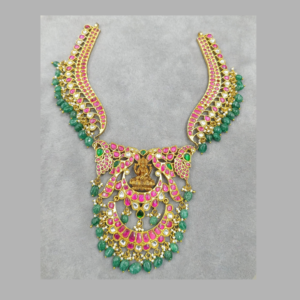 Gold-Plated Pink Kundan Lakshmi Devi Necklace with White Kundan, Emerald Green Stones, Pearls & Green Bead Drops - Temple Bridal Necklace