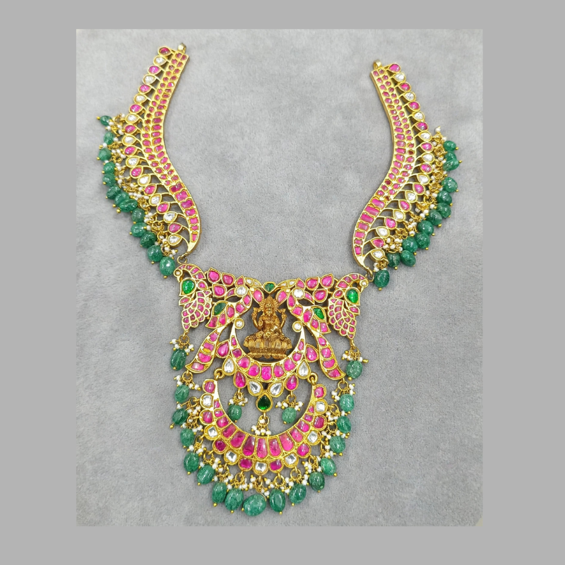 Gold-Plated Pink Kundan Lakshmi Devi Necklace with White Kundan, Emerald Green Stones, Pearls & Green Bead Drops - Temple Bridal Necklace