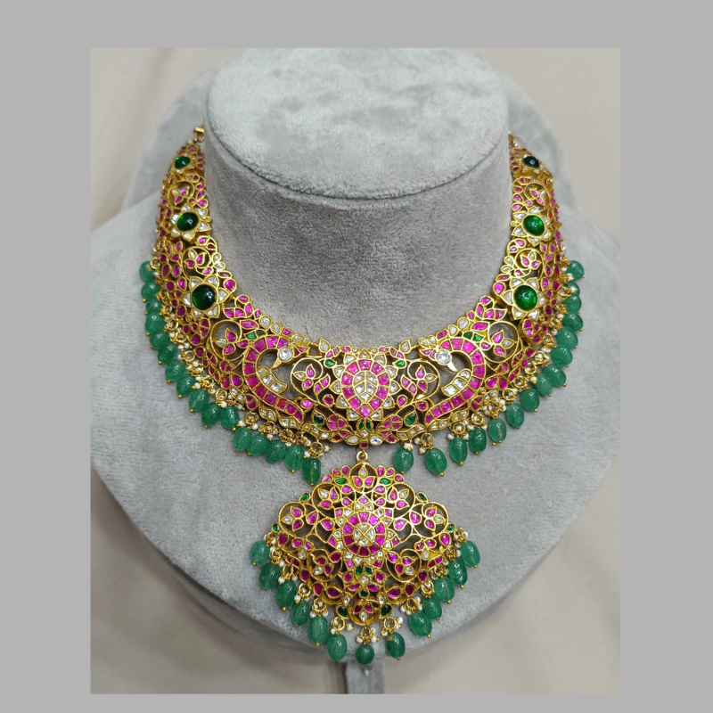 Gold-Plated Pink Kundan Peacock Choker Necklace with White Kundan, Emerald Green Stones & Green Bead Drops - With Floral Pendant