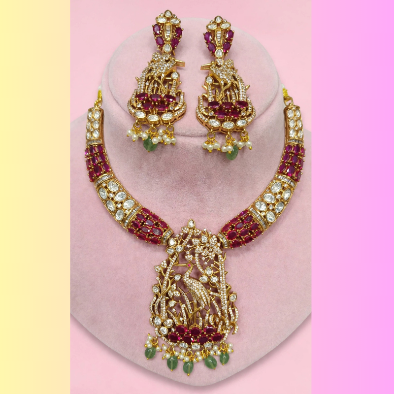 Gold-Plated Ruby Pink & White Kundan Peacock Choker Necklace Set with Pearls & Green Bead Drops - With Matching Peacock Earrings