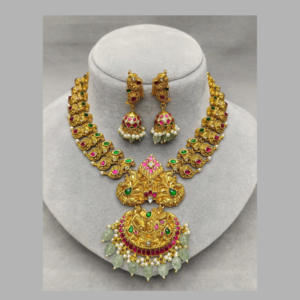 Gold-Plated Ruby Pink & Green Kundan Peacock Necklace Set with White Kundan, Pearls & Mint Green Bead Drops - With Matching Jhumka Earrings