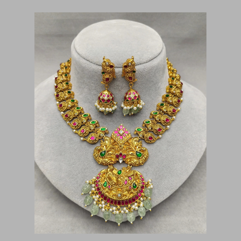 Gold-Plated Ruby Pink & Green Kundan Peacock Necklace Set with White Kundan, Pearls & Mint Green Bead Drops - With Matching Jhumka Earrings