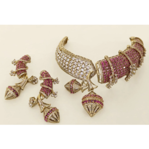 Gold-Plated Ruby Pink & White AD Hasli Choker Necklace Set with Jhumka Drop Pendant - With Matching Long Earrings.