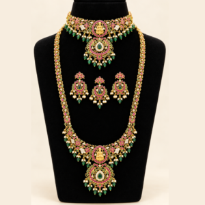 Traditional Gold-Plated Temple Jewellery Set with Green and Pink Stones