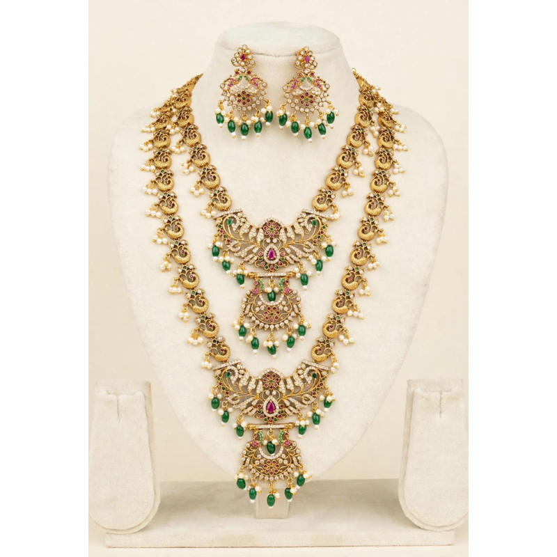 Gold-Plated White CZ & Ruby Pink Double-Layer Long Haram Necklace Set with Green Bead Drops & Pearl Clusters - With Matching Earrings