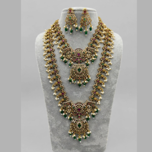 Gold-Plated Ruby Pink & Emerald Green Double-Layer Long Haram Necklace Set with White CZ, Pearls & Green Bead Drops - With Matching Earrings
