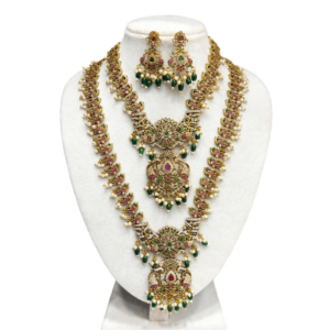 Gold-Plated Ruby Pink & Emerald Green Double-Layer Long Haram Necklace Set with White CZ, Pearls & Green Bead Drops - With Matching Earrings